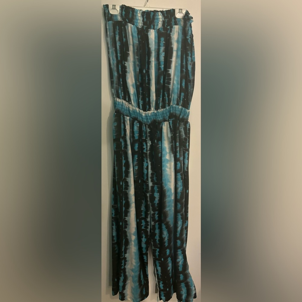 Lucy Diamonds Womens Polyester Aqua Black White Strapless Wide Leg Jumpsuit Sz L